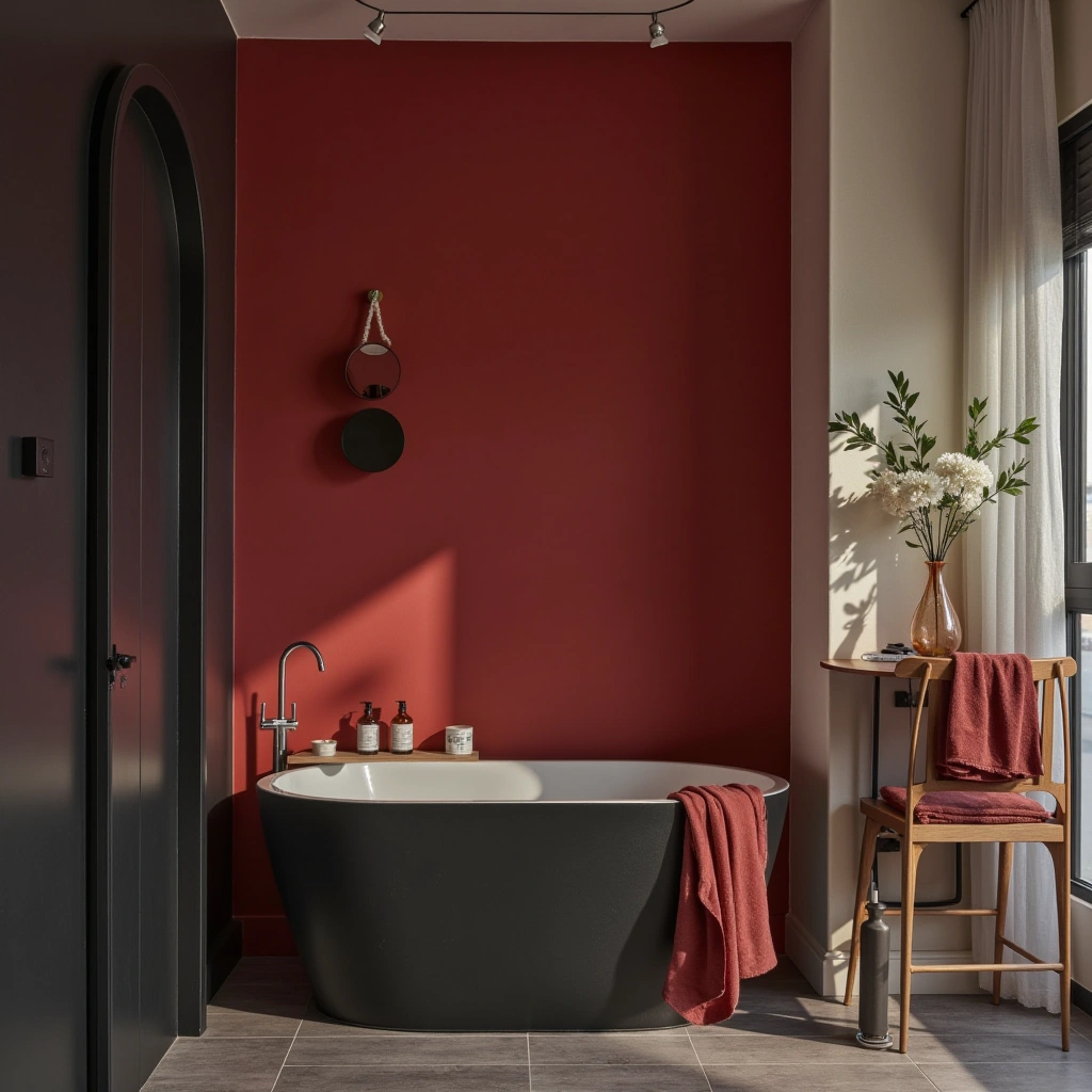 Modern Red and White Bathroom with Black Accents