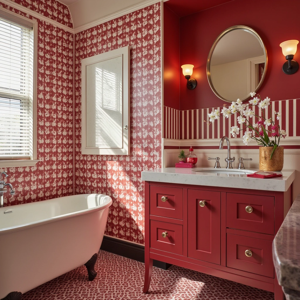 Eclectic Red and White Bathroom with Patterned Accents
