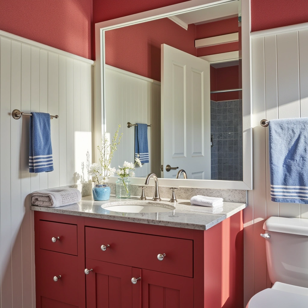 Coastal Red and White Bathroom with Blue Accents